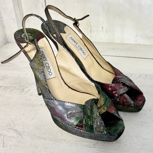 Jimmy Choo Textured Suede Metallic Peep Toe Slingback Stilettos Pumps Multi 38.5 - Picture 1 of 10